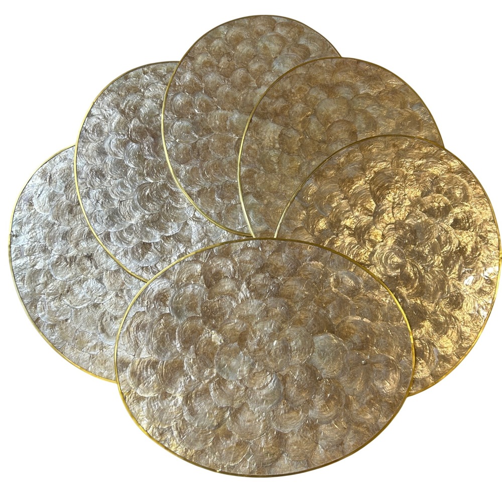 Vintage Capiz Shell Placemats Set of 6 Gold Rim Iridescent Coastal Decor